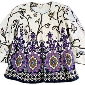 Coldwater Creek White Black and Purple Embroidered Tapestry Jacket Petite SZ:10P